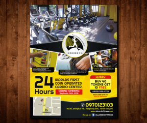 24 hour coin operated All Cardio Fitness Center Grand opening. | Flyer Design by Designers Hub