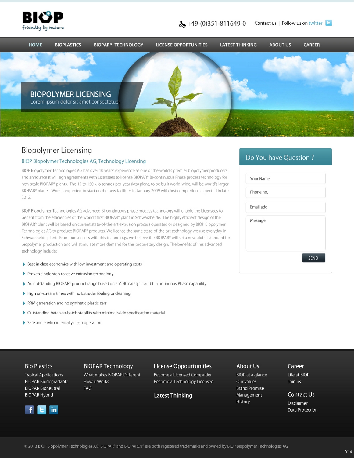 Diseño Web por pb para BIOP Biopolymers Technologies AG | Diseño #2398460