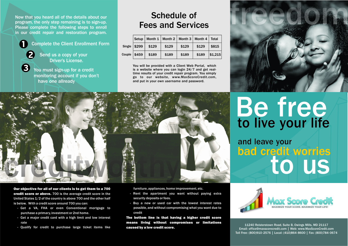 Broschüren-Design von MJ für Max Score Credit LLC | Design #2409497