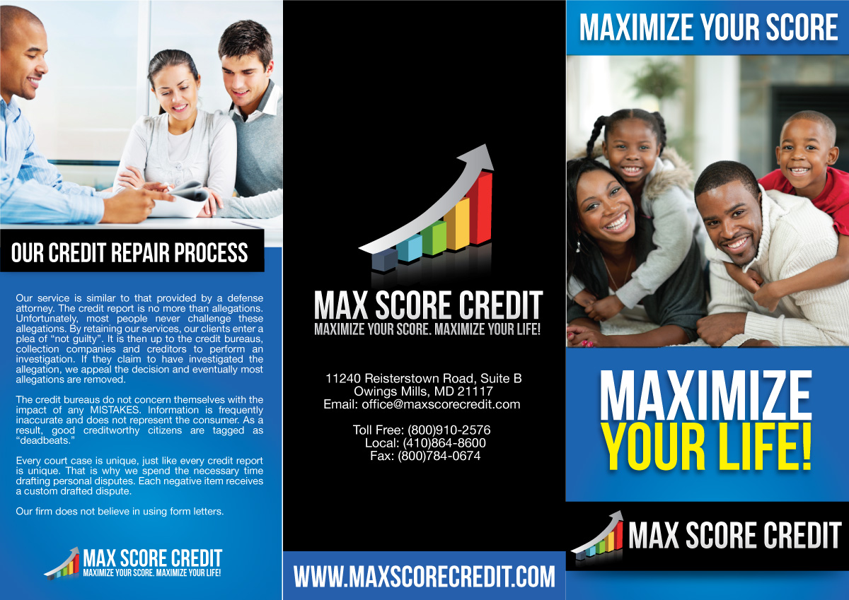 Broschüren-Design von JCR für Max Score Credit LLC | Design #2397423
