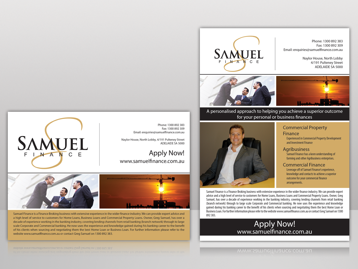 Diseño de Flyer por Mon01 para Samuel Finance Pty Ltd | Diseño #2414918