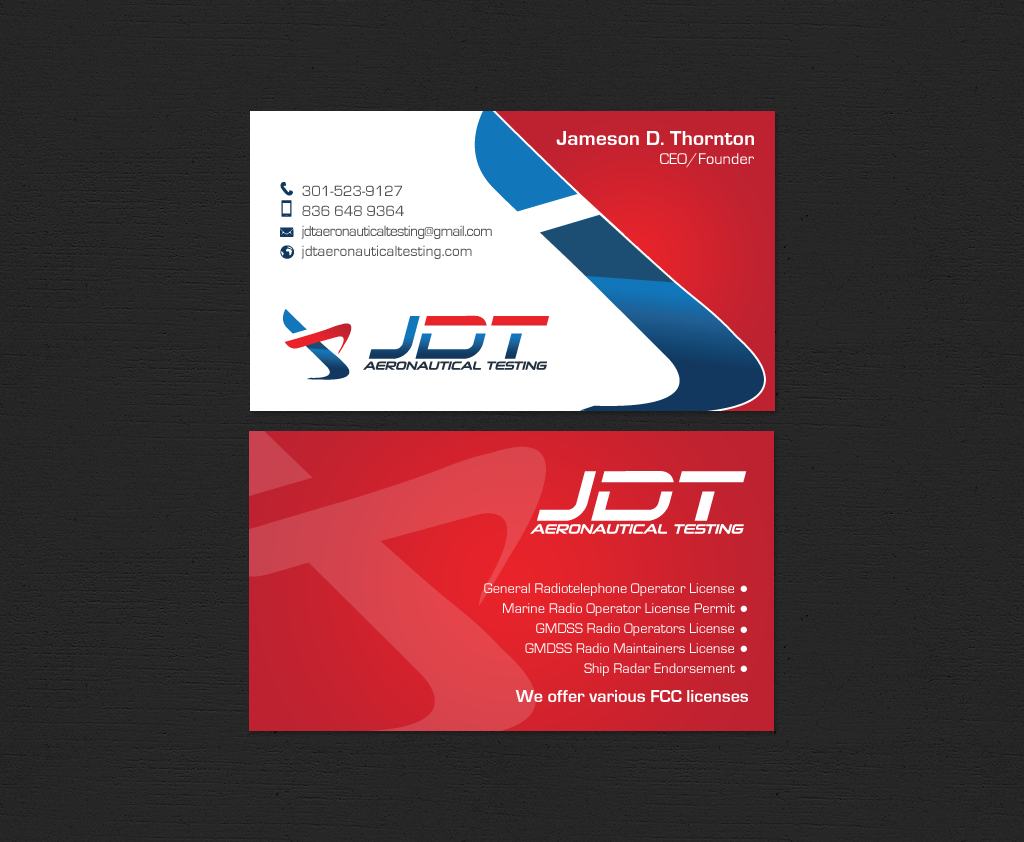 Diseño de Tarjeta de Presentación por chandrayaan.creative para JDT Aeronautical Testing | Diseño #11906372