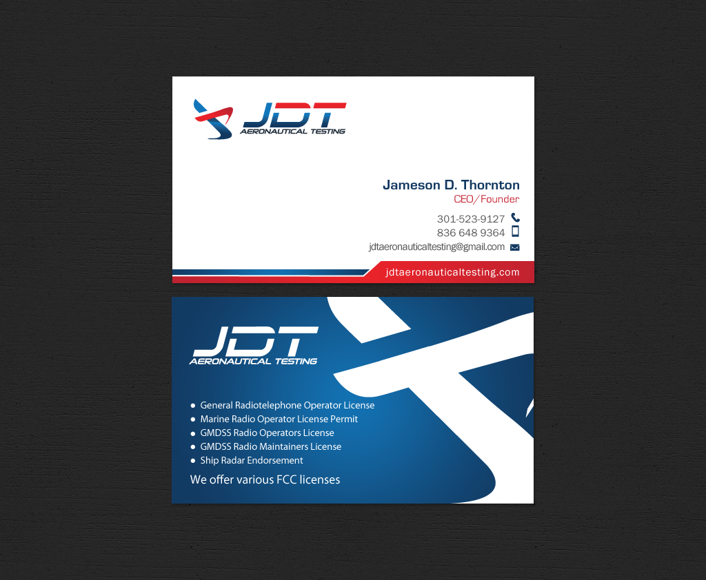 Diseño de Tarjeta de Presentación por chandrayaan.creative para JDT Aeronautical Testing | Diseño #11906387