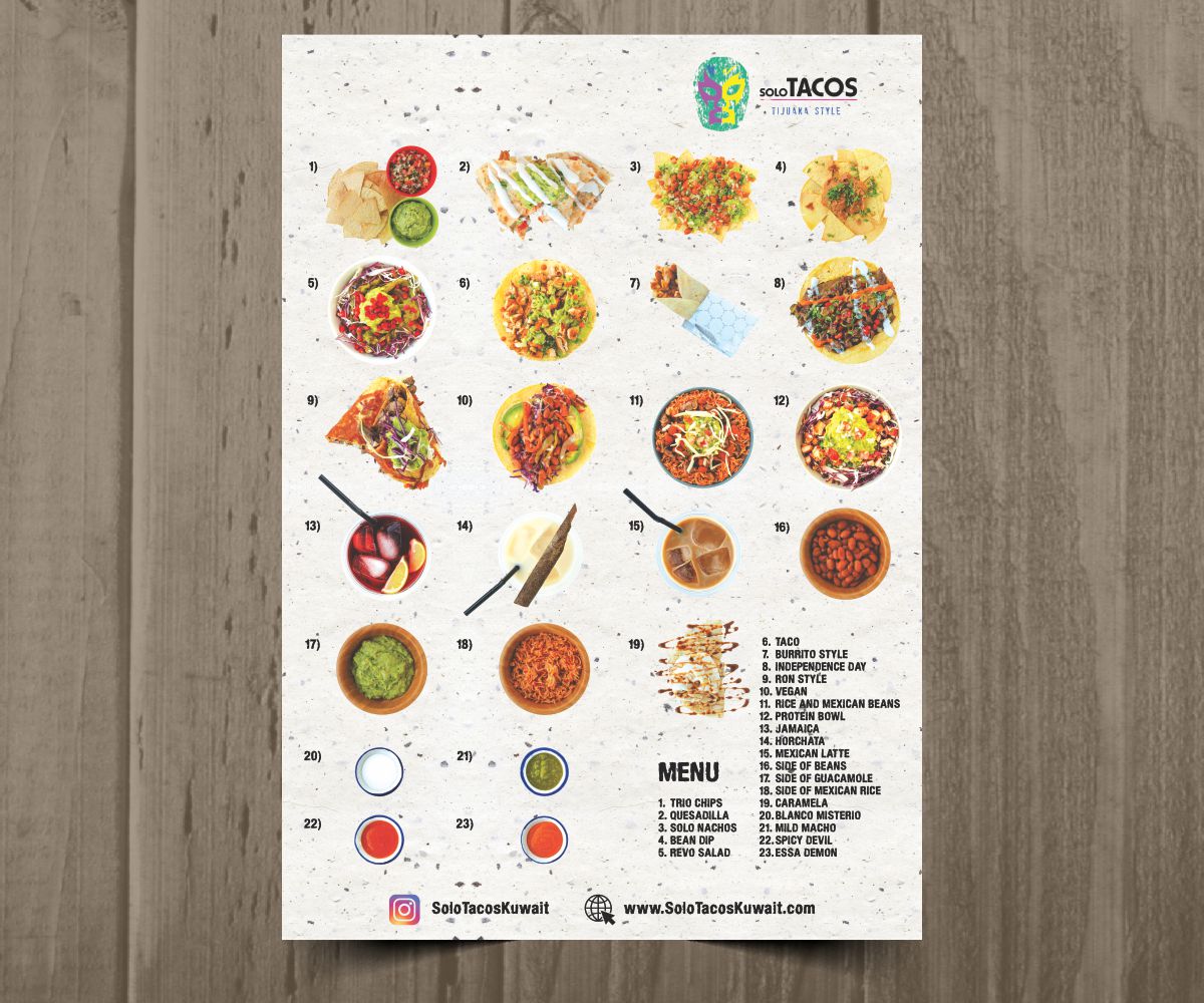 Menu Design by Cut and Glue for Solo Tacos Tijuana Style | Design #12095493