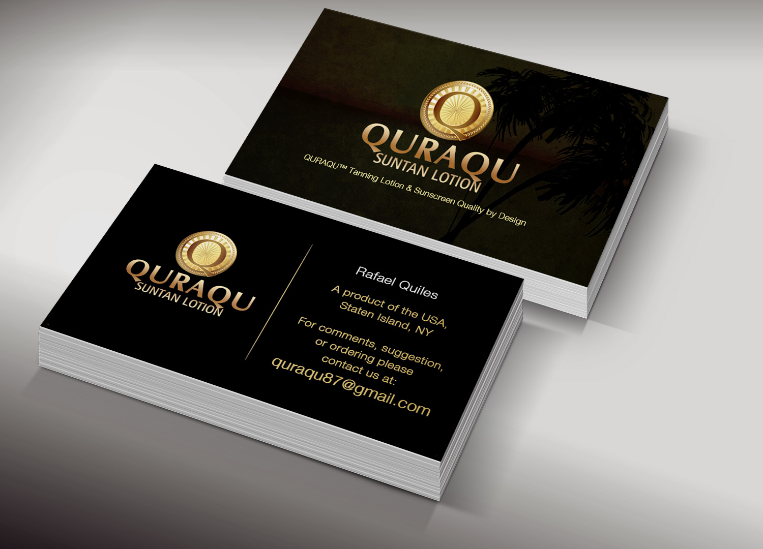 Business Card Design by Pixi Dust for QURAQU SUNTAN LOTION AND SUNSCREEN  | Design #12209142