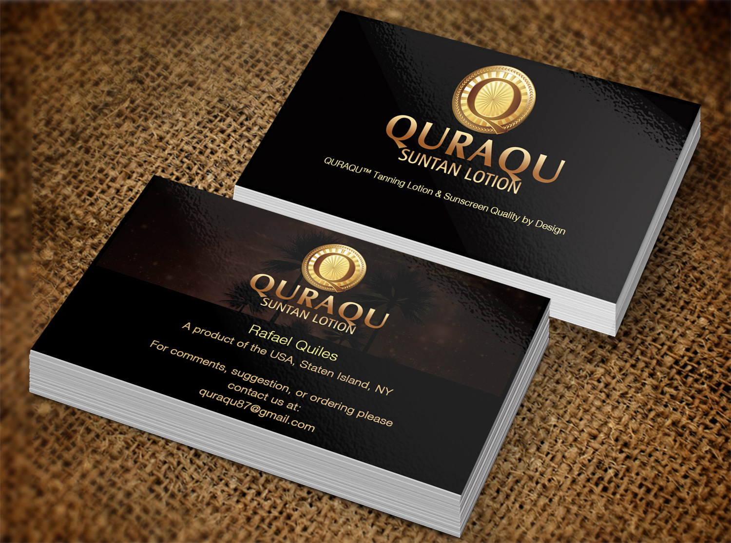Business Card Design by Pixi Dust for QURAQU SUNTAN LOTION AND SUNSCREEN  | Design #12209144