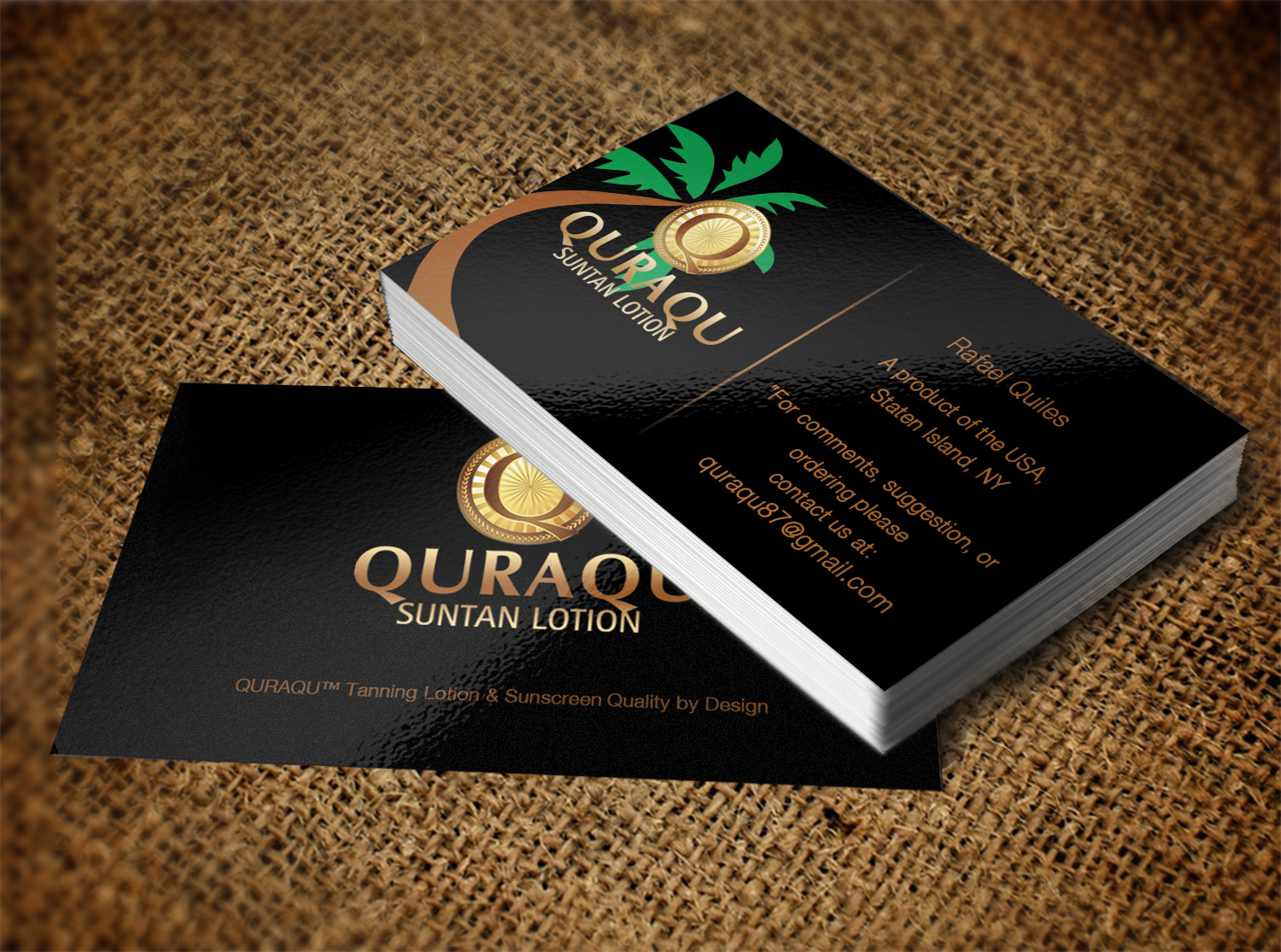 Business Card Design by Pixi Dust for QURAQU SUNTAN LOTION AND SUNSCREEN  | Design #12209148
