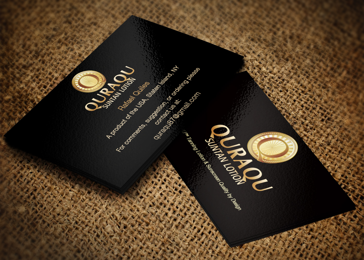 Business Card Design by Pixi Dust for QURAQU SUNTAN LOTION AND SUNSCREEN  | Design #12211814