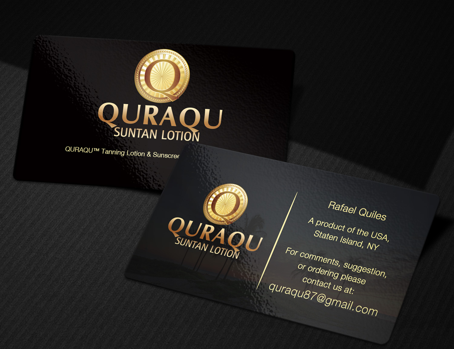 Business Card Design by Pixi Dust for QURAQU SUNTAN LOTION AND SUNSCREEN  | Design #12211816