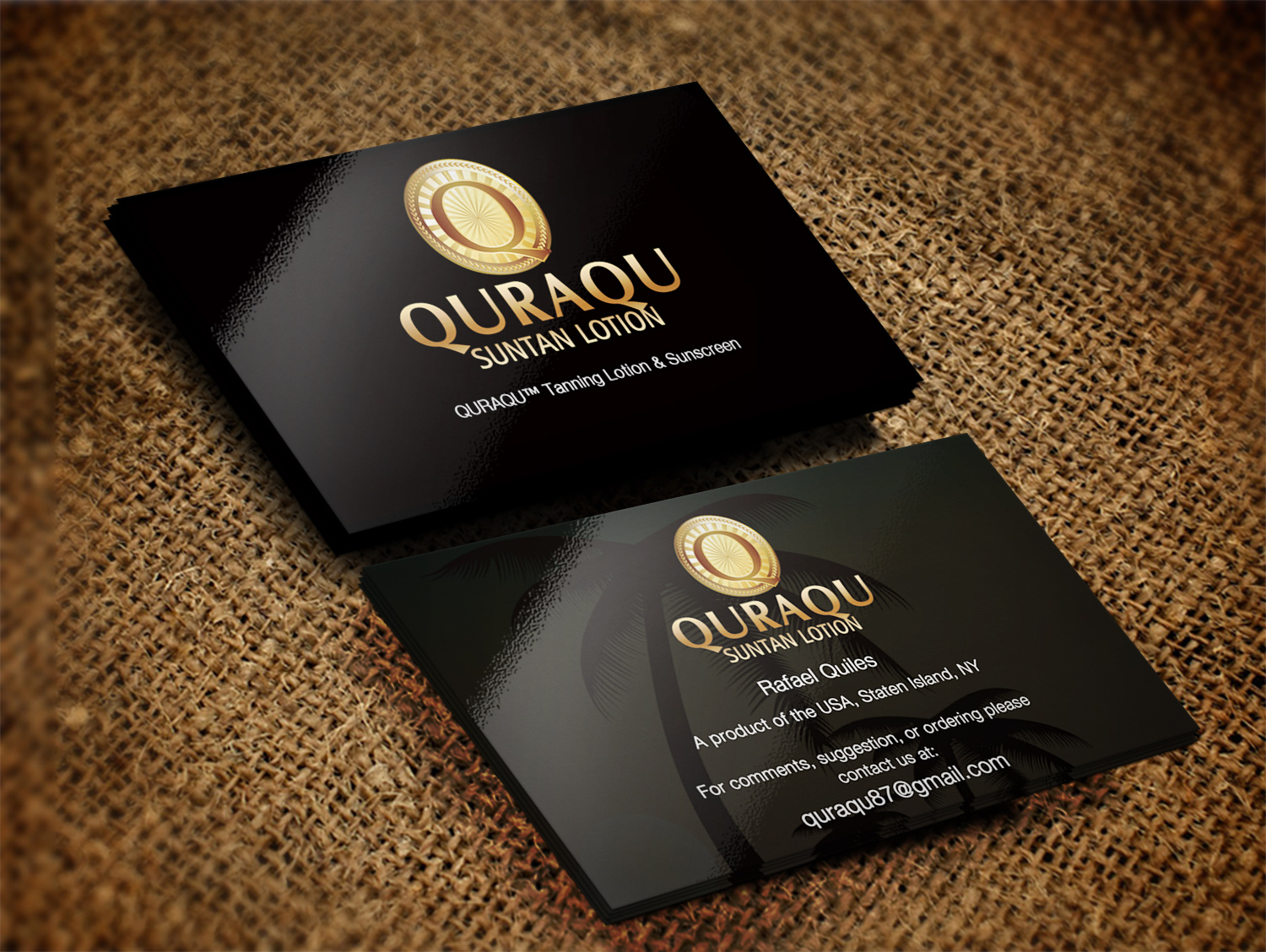 Business Card Design by Pixi Dust for QURAQU SUNTAN LOTION AND SUNSCREEN  | Design #12238569