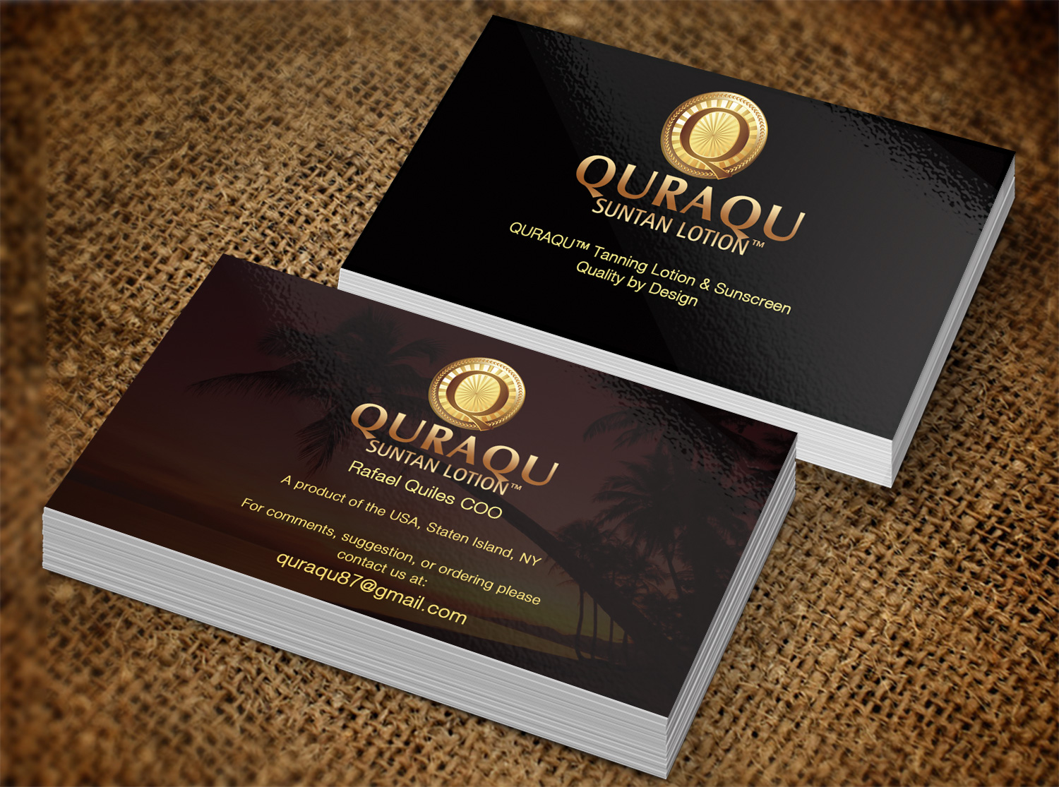 Business Card Design by Pixi Dust for QURAQU SUNTAN LOTION AND SUNSCREEN  | Design #12248647