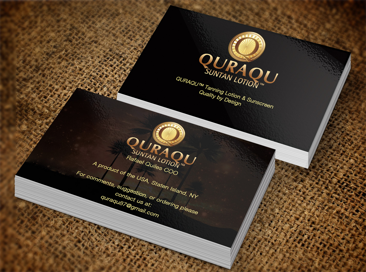 Business Card Design by Pixi Dust for QURAQU SUNTAN LOTION AND SUNSCREEN  | Design #12248651