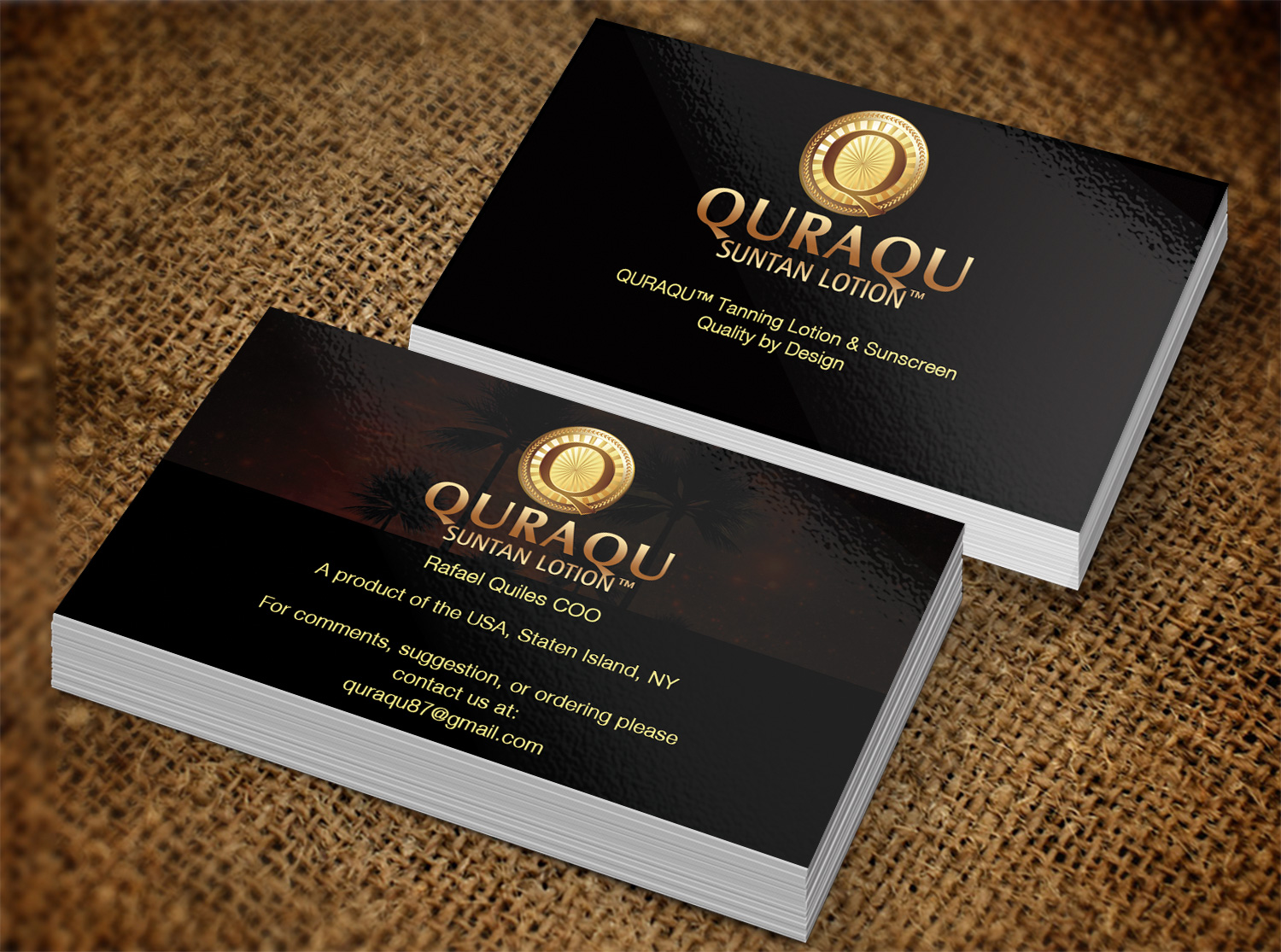 Business Card Design by Pixi Dust for QURAQU SUNTAN LOTION AND SUNSCREEN  | Design #12248652