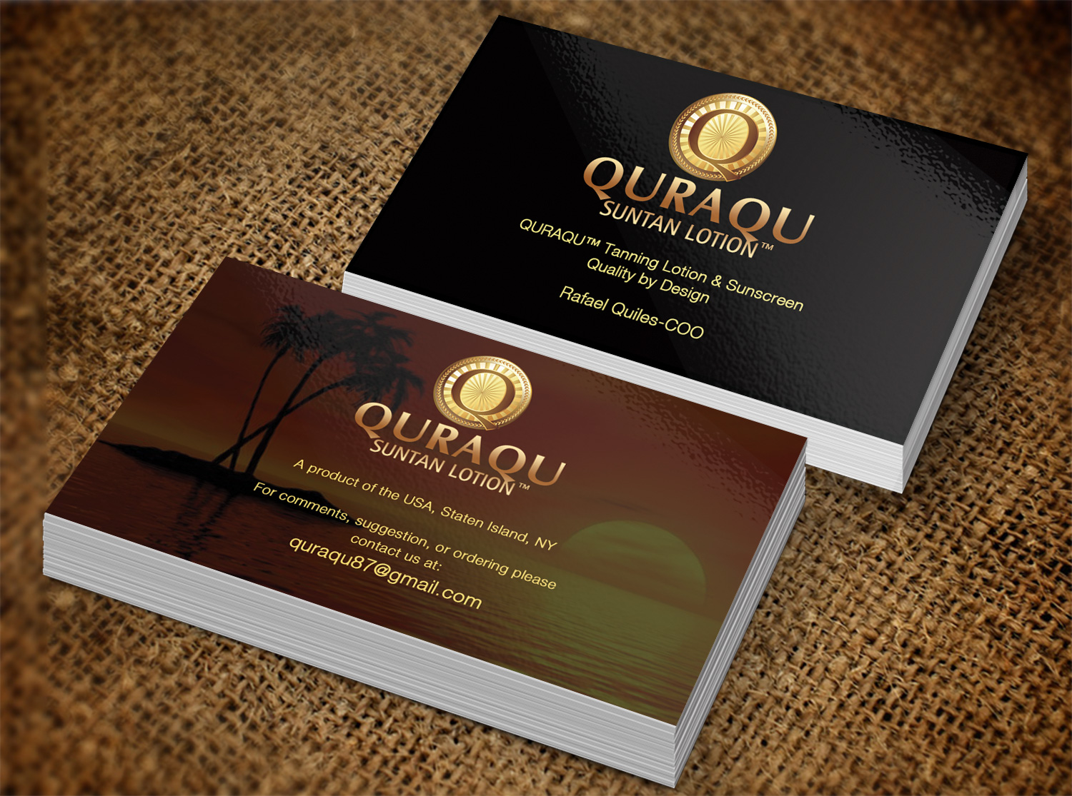 Business Card Design by Pixi Dust for QURAQU SUNTAN LOTION AND SUNSCREEN  | Design #12255235