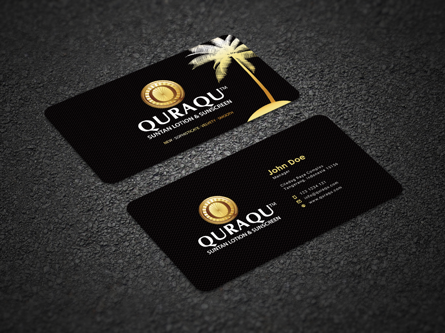 Business Card Design by alvinfadoil for QURAQU SUNTAN LOTION AND SUNSCREEN  | Design #12212621