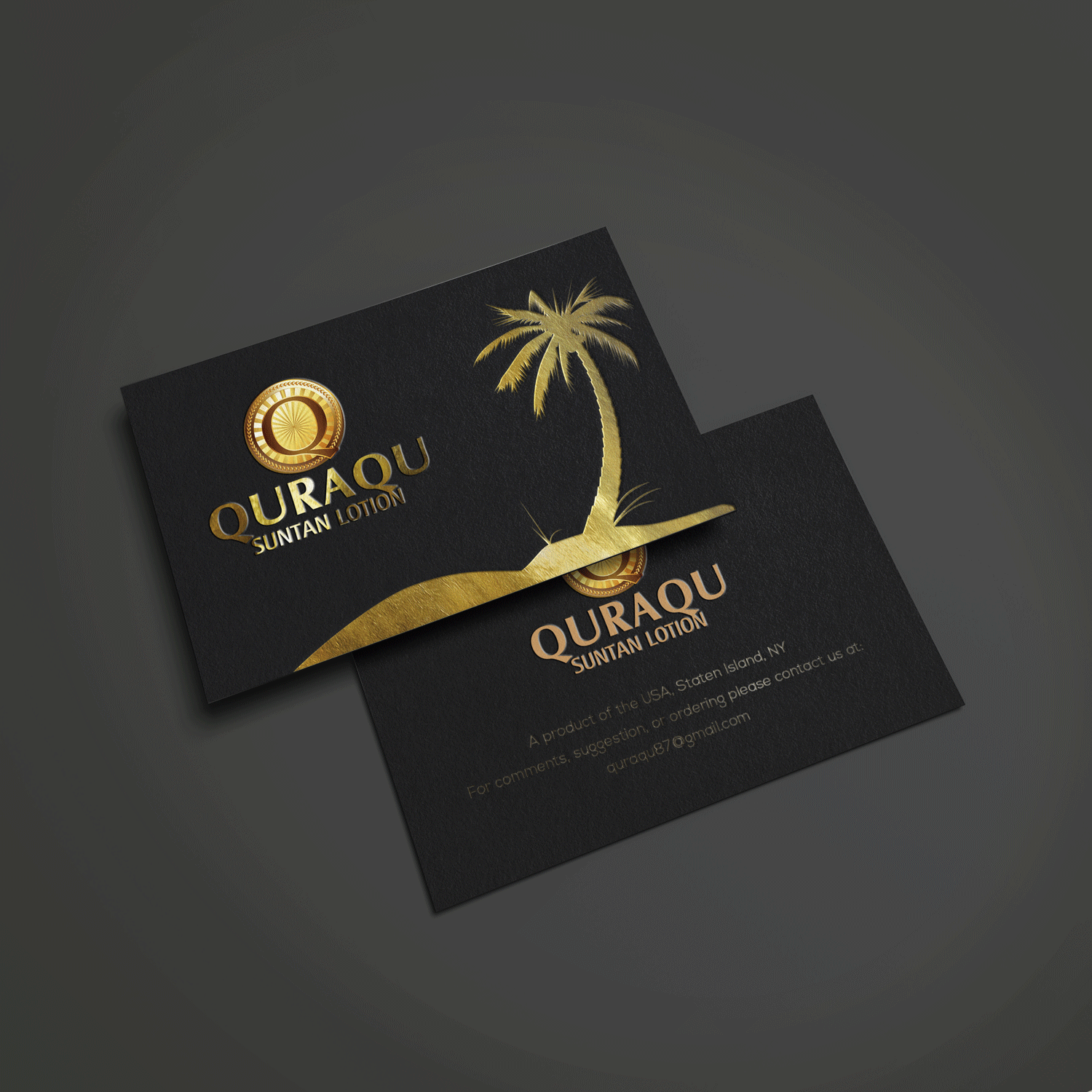Business Card Design by Riz' for QURAQU SUNTAN LOTION AND SUNSCREEN  | Design #12208152