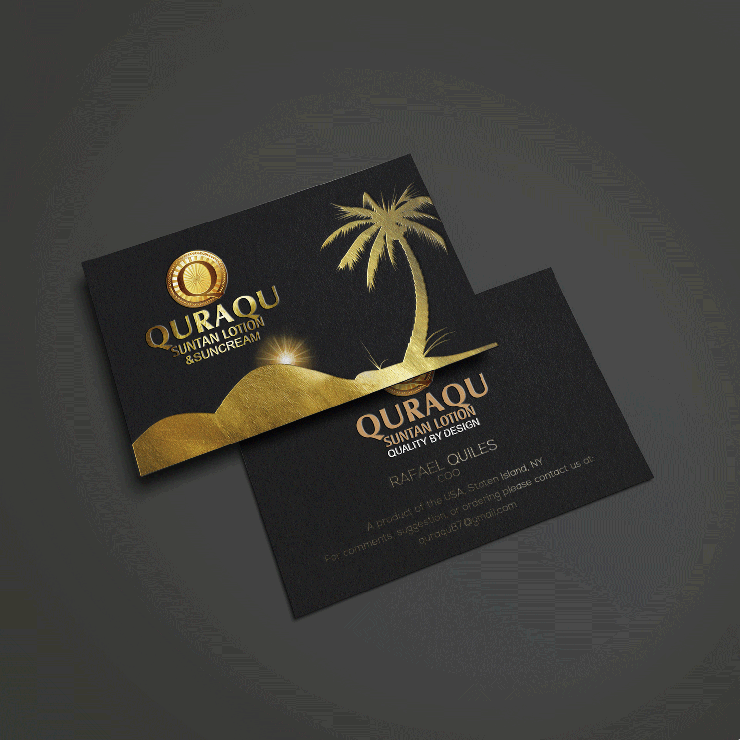 Business Card Design by Riz' for QURAQU SUNTAN LOTION AND SUNSCREEN  | Design #12227587