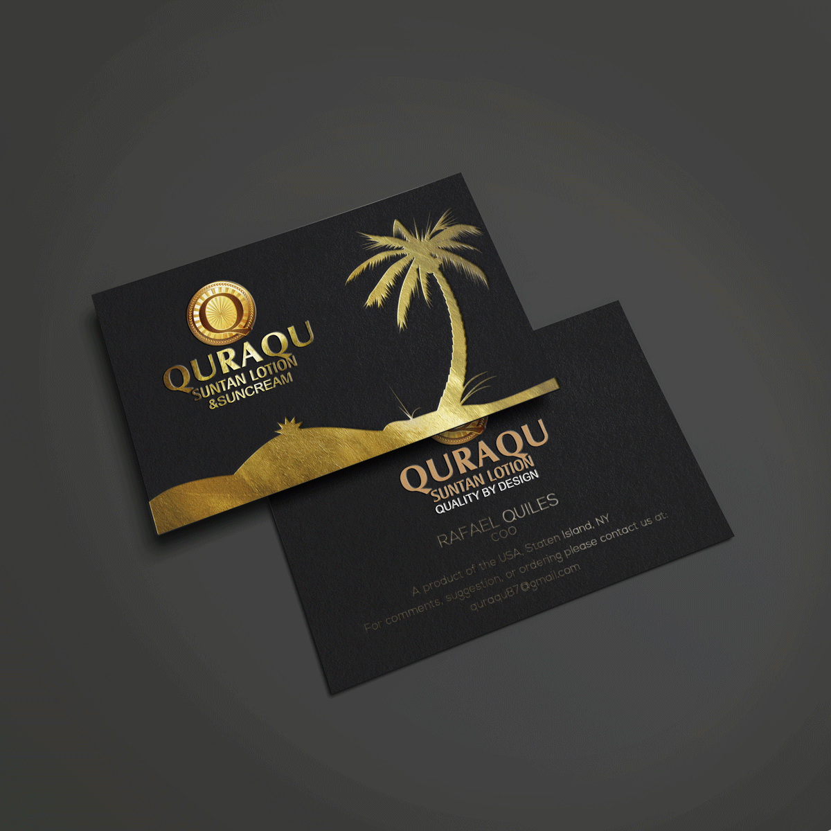 Business Card Design by Riz' for QURAQU SUNTAN LOTION AND SUNSCREEN  | Design #12250548