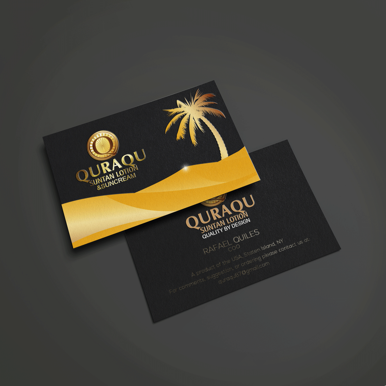 Business Card Design by Riz' for QURAQU SUNTAN LOTION AND SUNSCREEN  | Design #12259407
