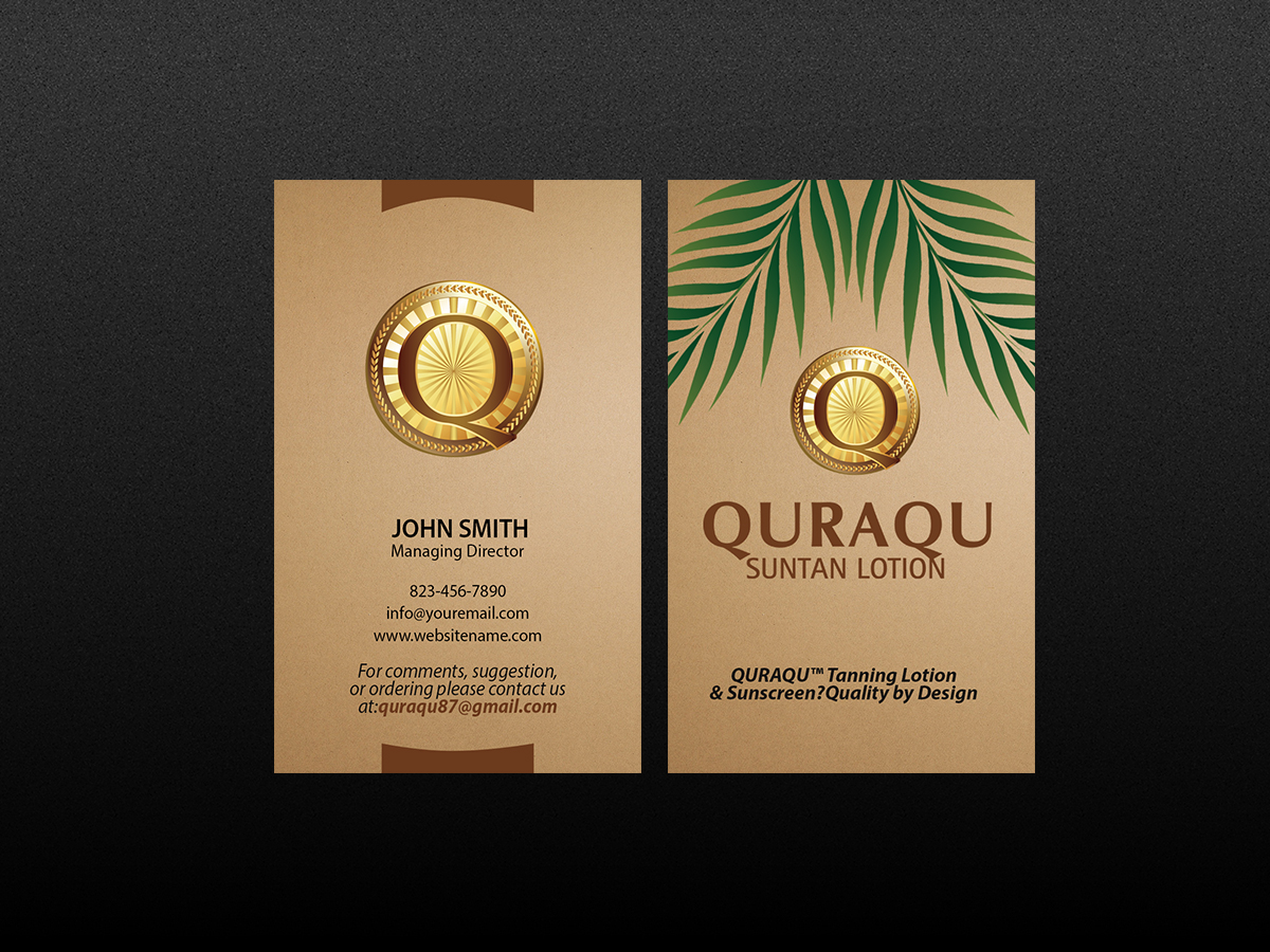 Business Card Design by Creations Box 2015 for QURAQU SUNTAN LOTION AND SUNSCREEN  | Design #12209592