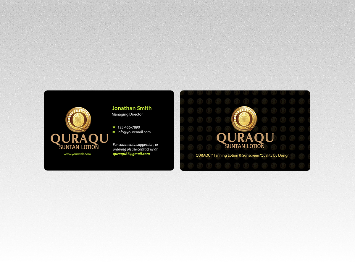 Business Card Design by Creations Box 2015 for QURAQU SUNTAN LOTION AND SUNSCREEN  | Design #12209596