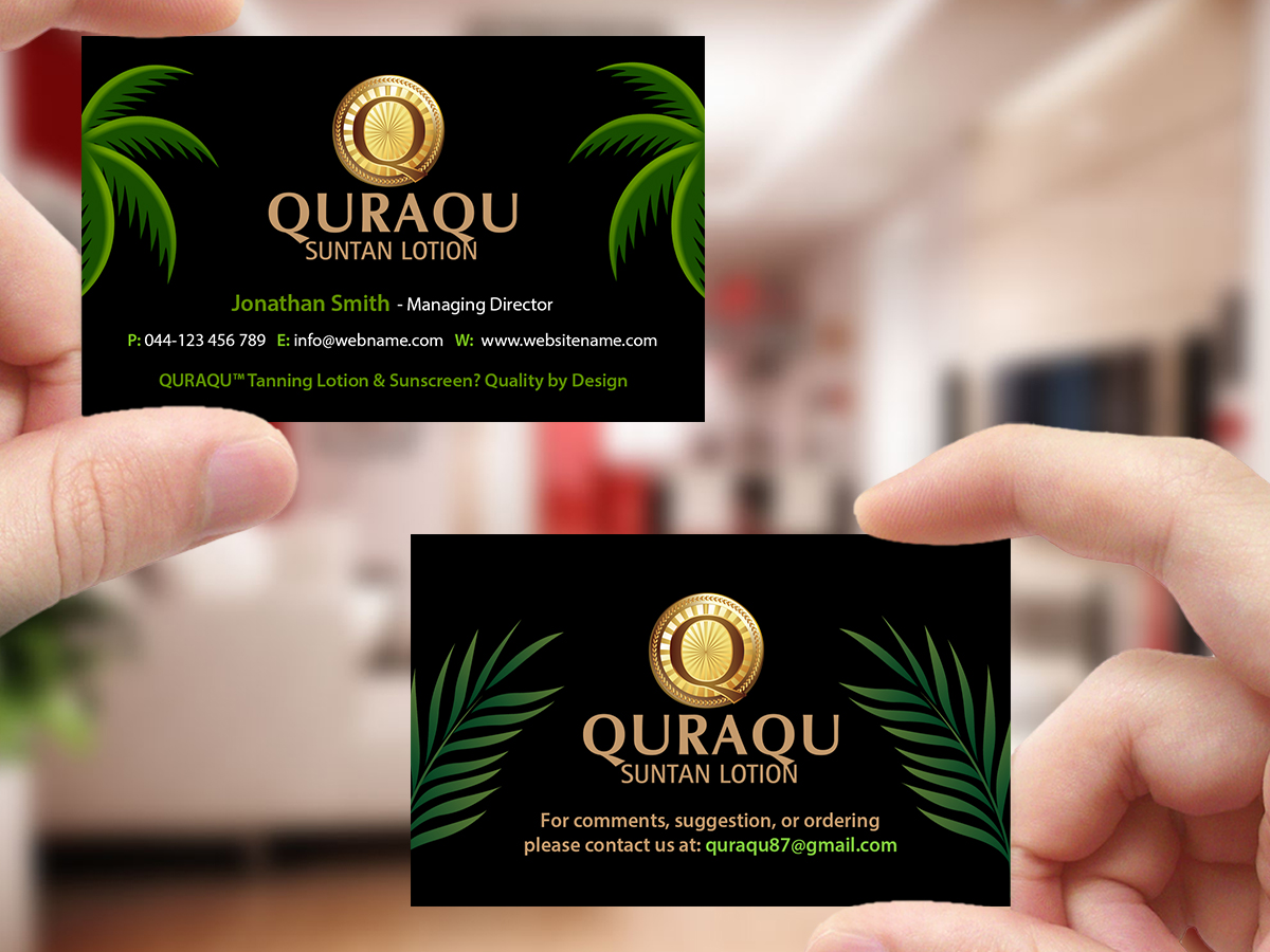 Business Card Design by Creations Box 2015 for QURAQU SUNTAN LOTION AND SUNSCREEN  | Design #12209600