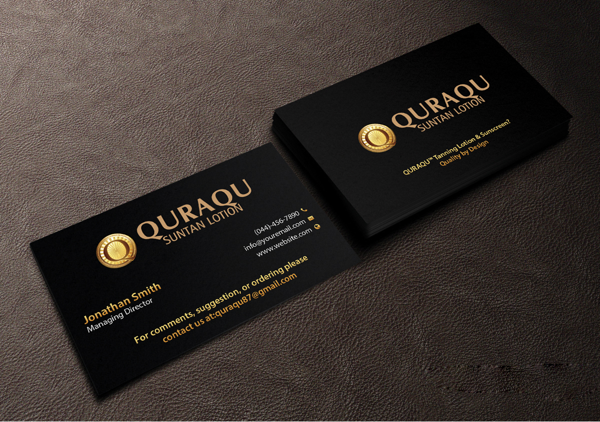 Business Card Design by Creations Box 2015 for QURAQU SUNTAN LOTION AND SUNSCREEN  | Design #12213152