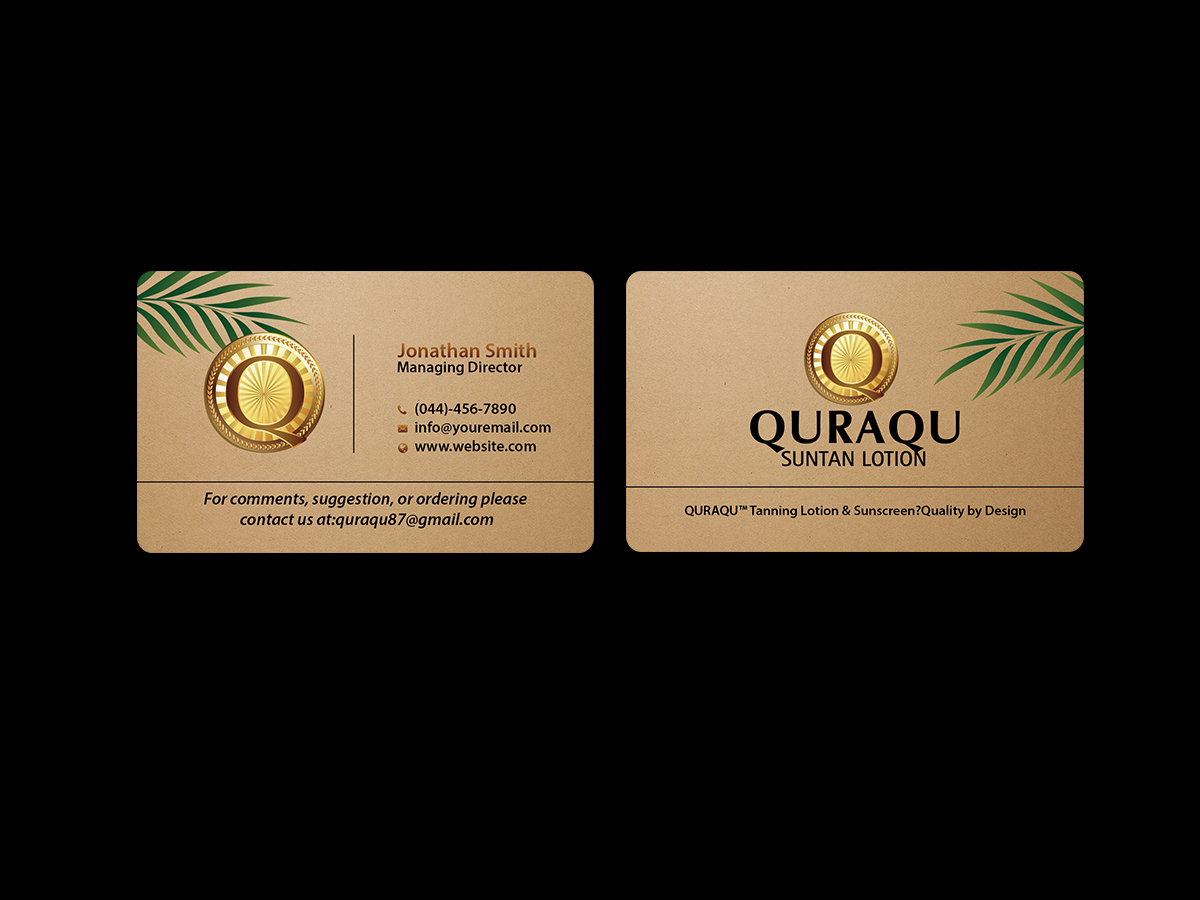 Business Card Design by Creations Box 2015 for QURAQU SUNTAN LOTION AND SUNSCREEN  | Design #12213154