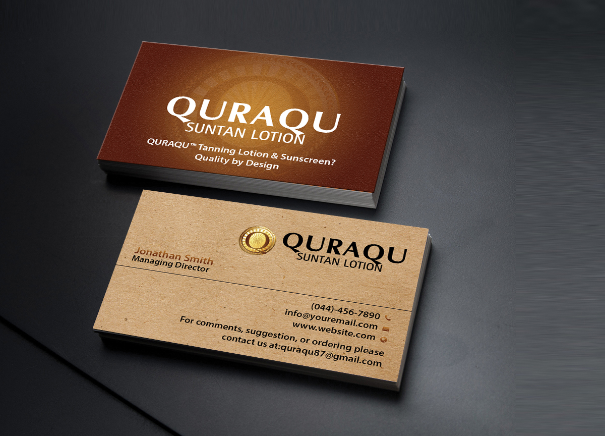 Business Card Design by Creations Box 2015 for QURAQU SUNTAN LOTION AND SUNSCREEN  | Design #12213156