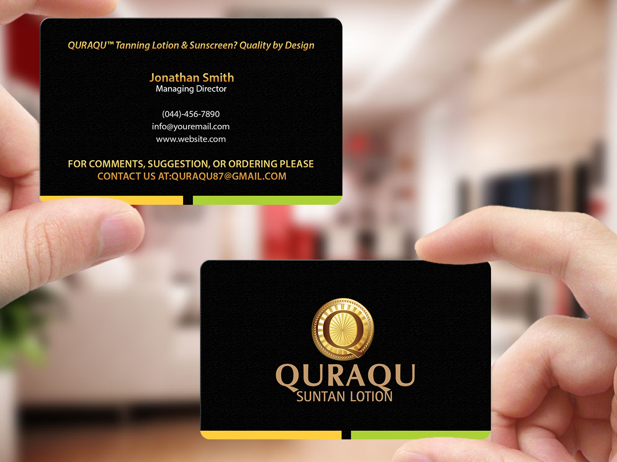 Business Card Design by Creations Box 2015 for QURAQU SUNTAN LOTION AND SUNSCREEN  | Design #12213159