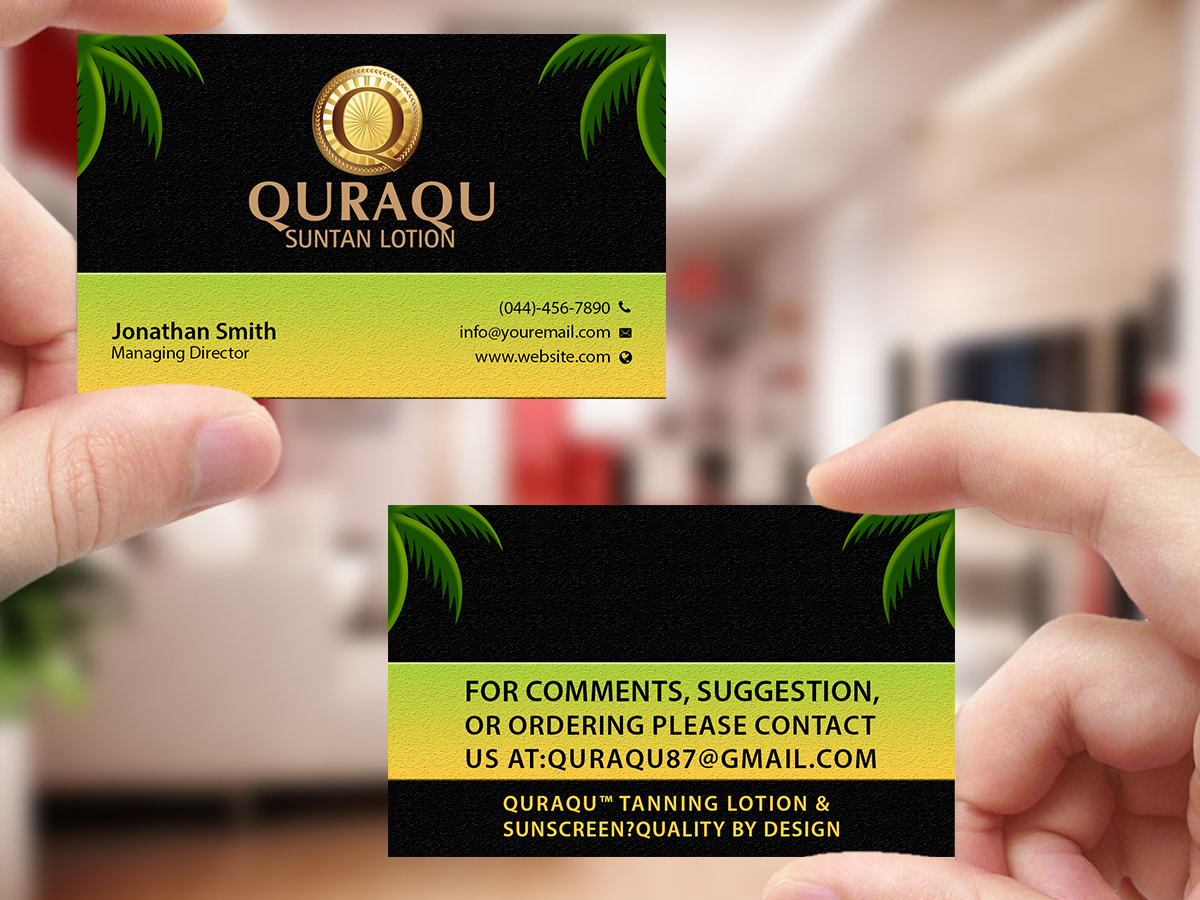 Business Card Design by Creations Box 2015 for QURAQU SUNTAN LOTION AND SUNSCREEN  | Design #12213160