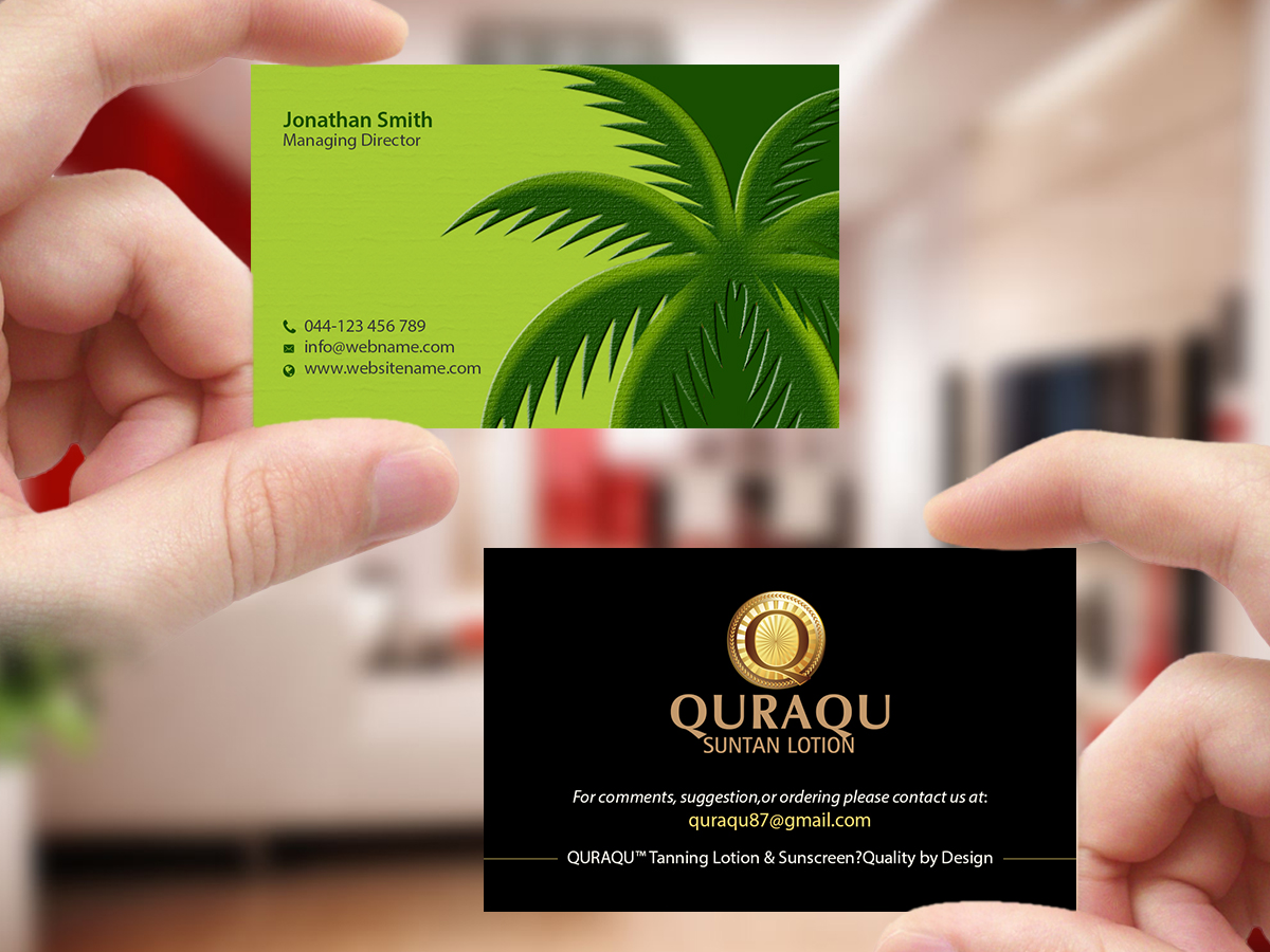 Business Card Design by Creations Box 2015 for QURAQU SUNTAN LOTION AND SUNSCREEN  | Design #12213168