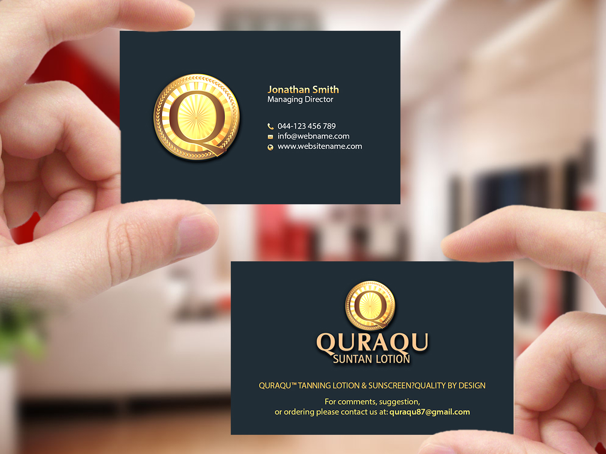 Business Card Design by Creations Box 2015 for QURAQU SUNTAN LOTION AND SUNSCREEN  | Design #12213169