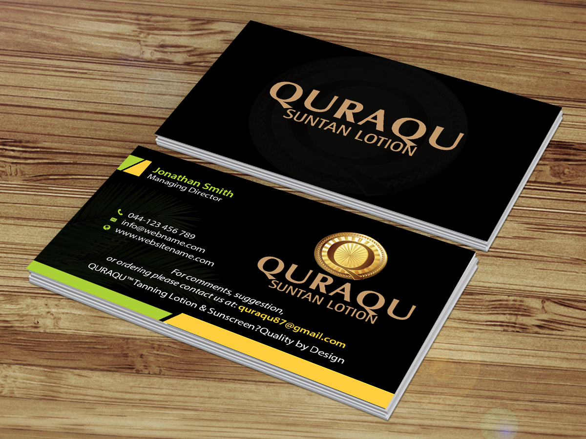 Business Card Design by Creations Box 2015 for QURAQU SUNTAN LOTION AND SUNSCREEN  | Design #12213170