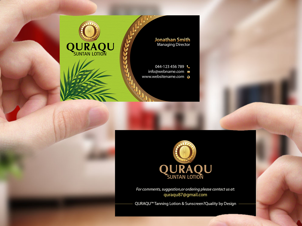 Business Card Design by Creations Box 2015 for QURAQU SUNTAN LOTION AND SUNSCREEN  | Design #12213174