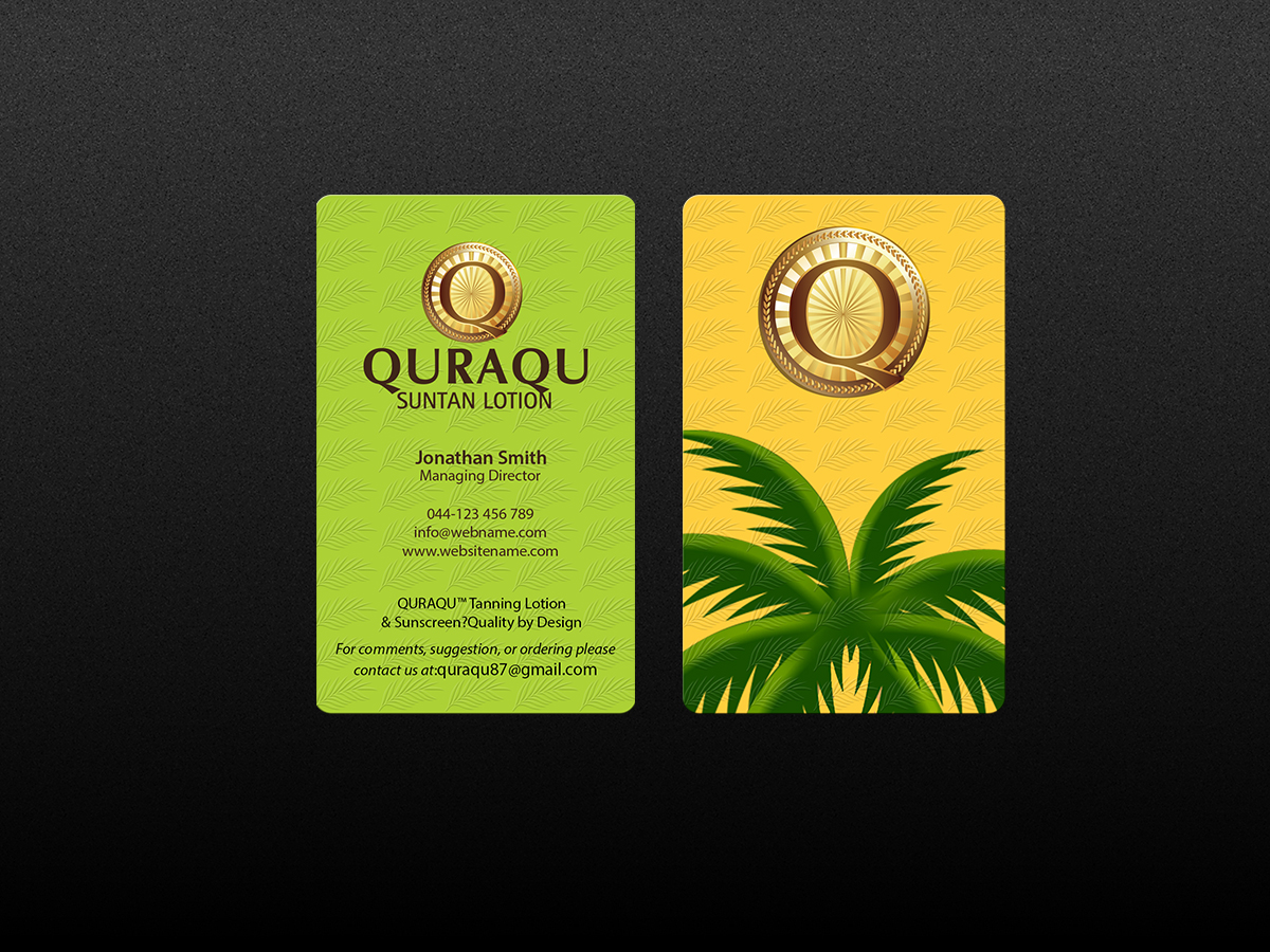 Business Card Design by Creations Box 2015 for QURAQU SUNTAN LOTION AND SUNSCREEN  | Design #12213175