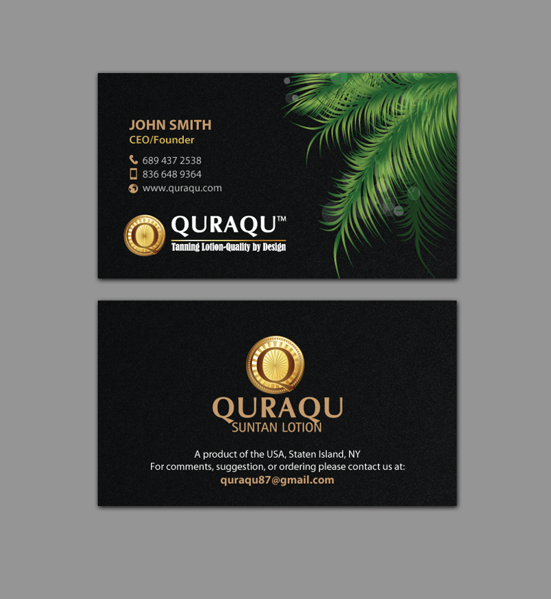 Business Card Design by chandrayaan.creative for QURAQU SUNTAN LOTION AND SUNSCREEN  | Design #12224329
