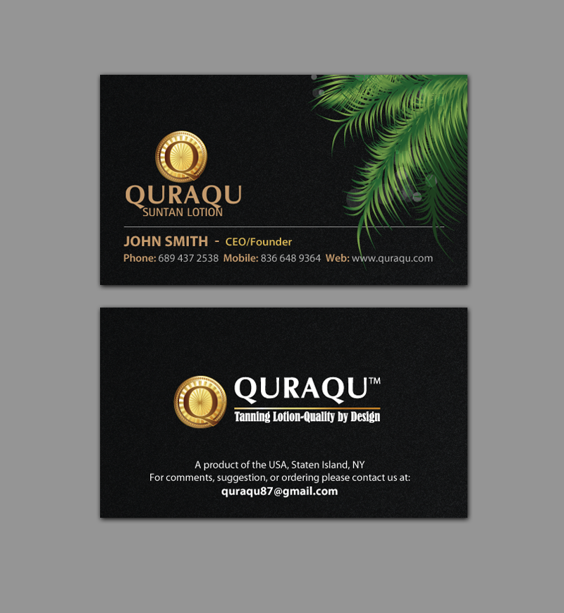 Business Card Design by chandrayaan.creative for QURAQU SUNTAN LOTION AND SUNSCREEN  | Design #12224331