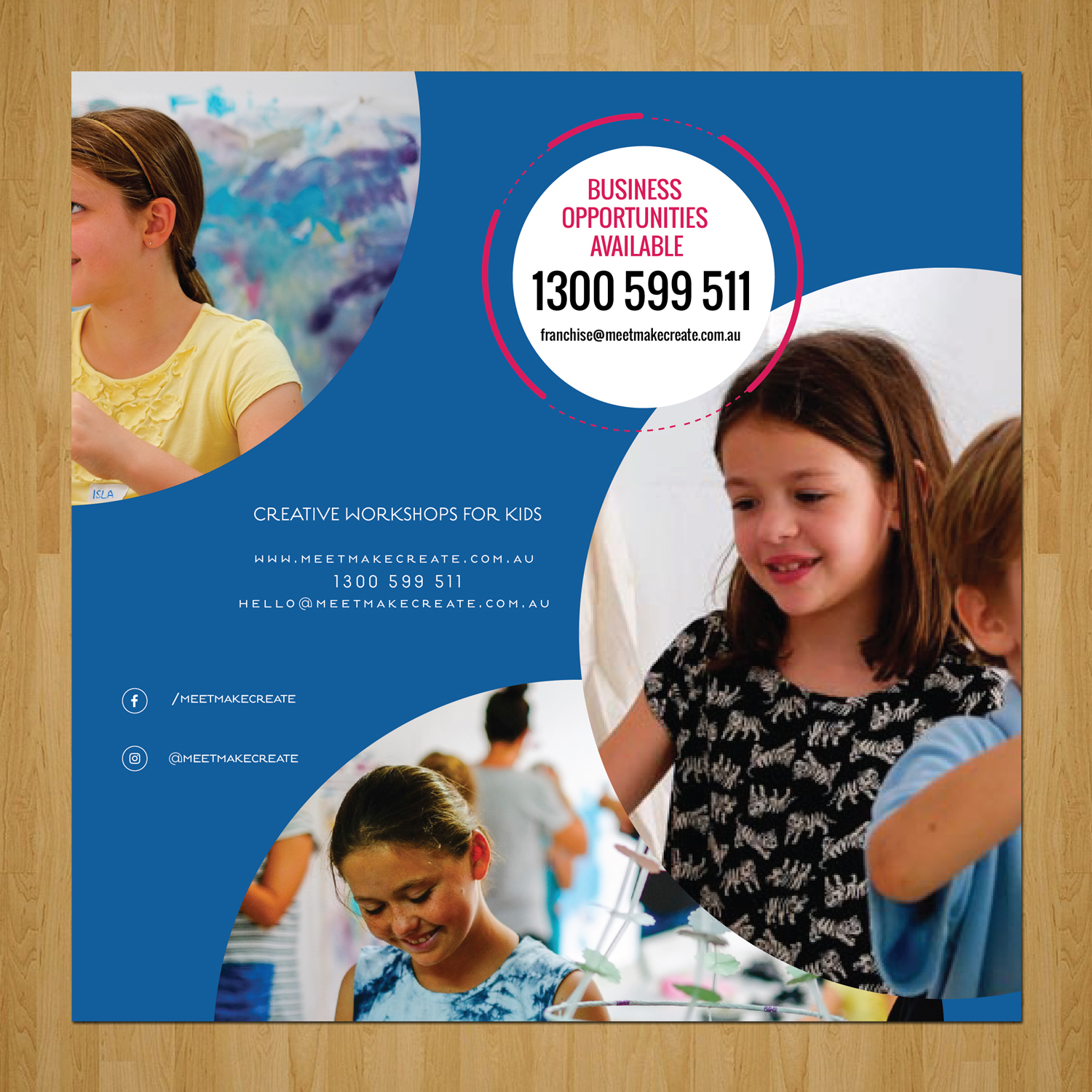 modern playful business flyer design for meet make create pty ltd