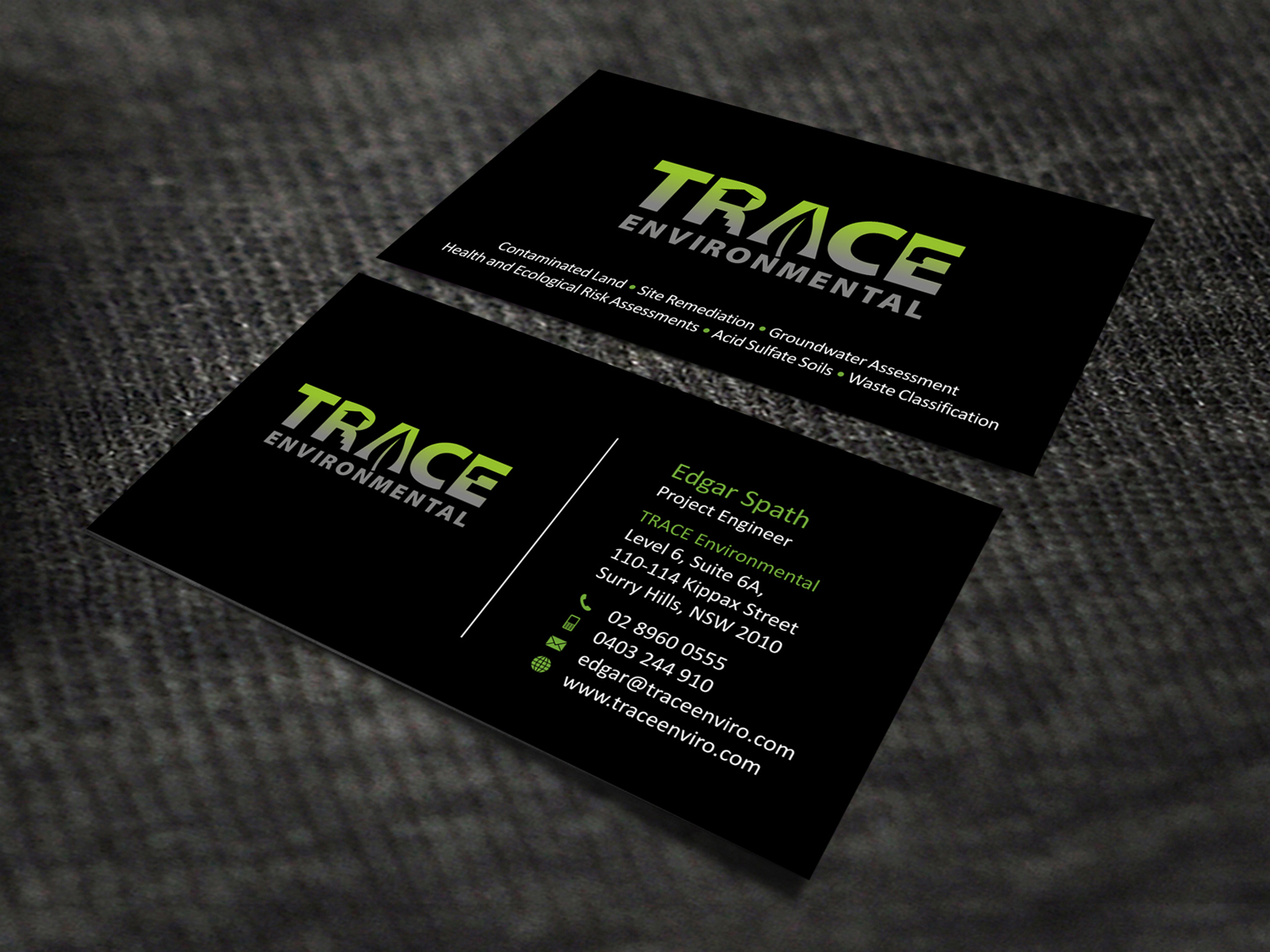 Business Card Design by SKYdesign for TRACE Environmental | Design #12707614