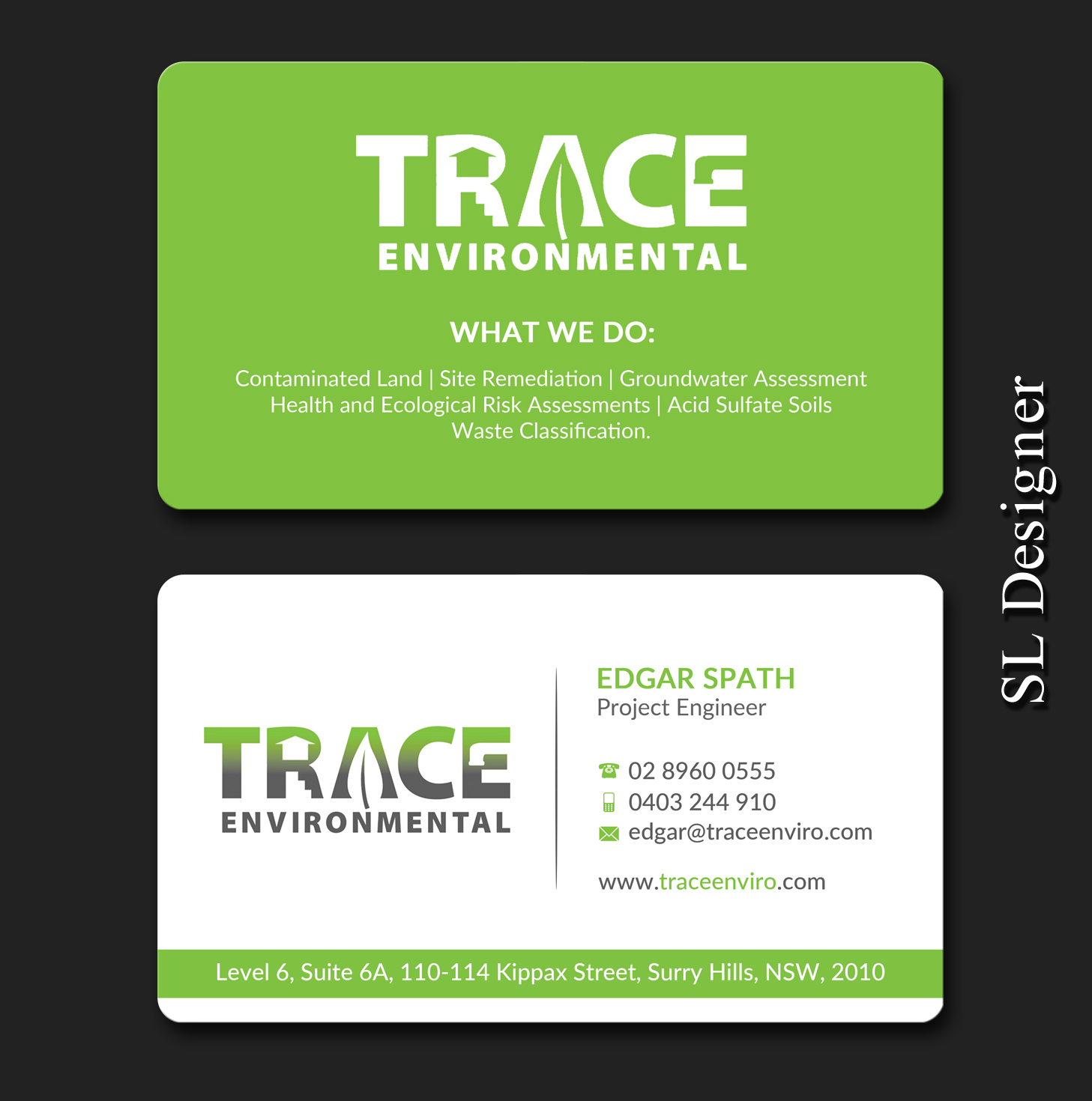 Visitenkarten-Design von SL Designer für TRACE Environmental | Design #12697593