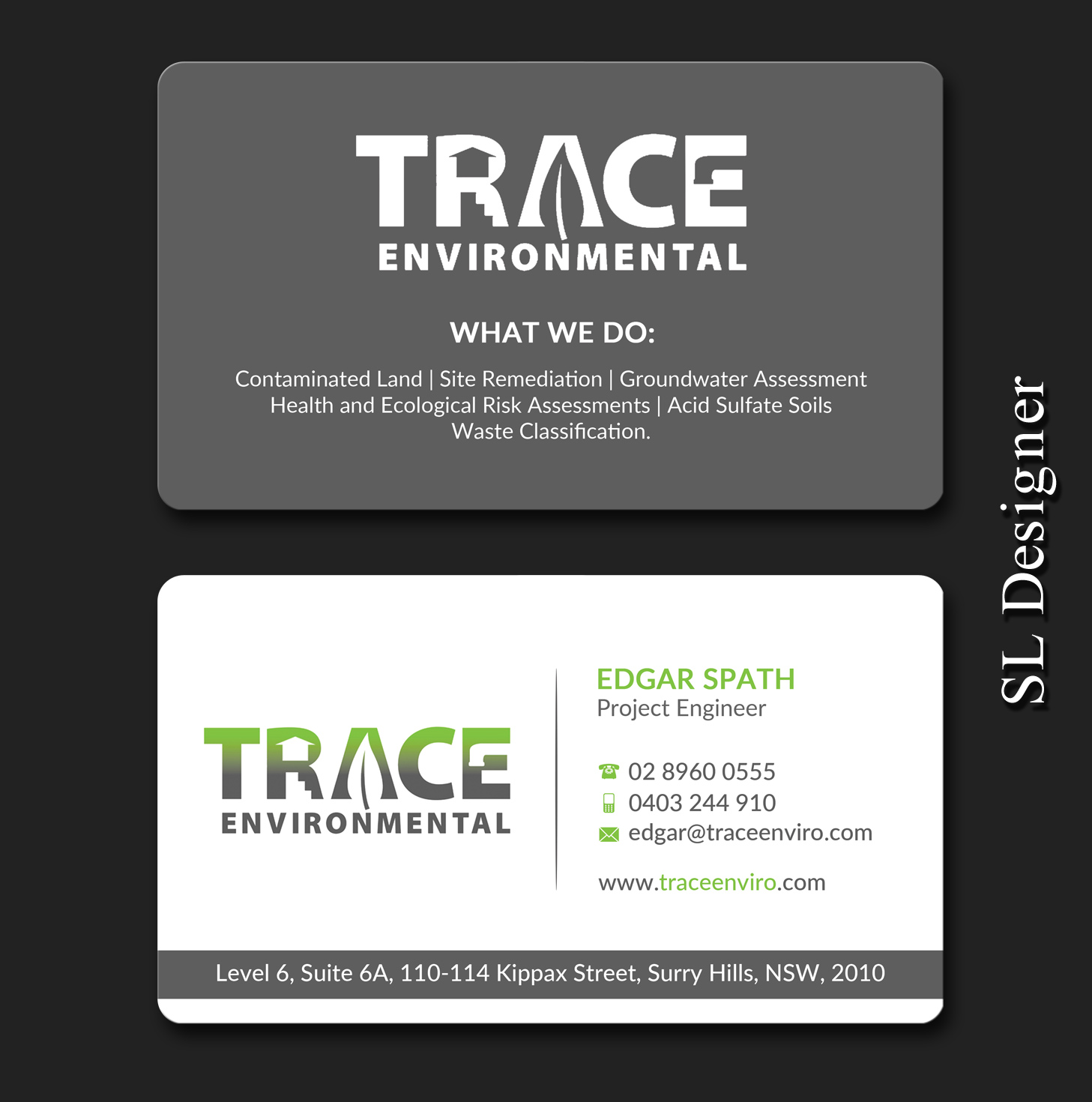 Visitenkarten-Design von SL Designer für TRACE Environmental | Design #12697594
