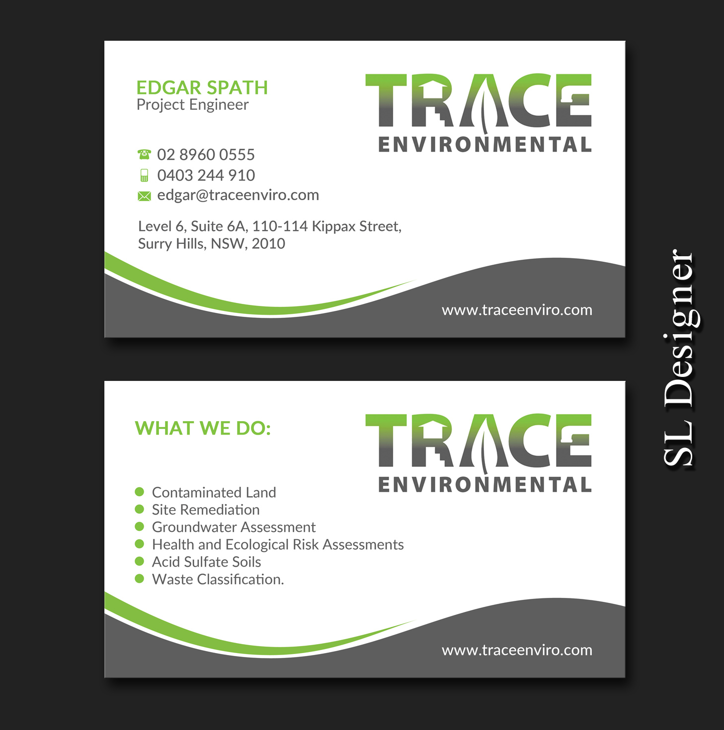 Visitenkarten-Design von SL Designer für TRACE Environmental | Design #12697610