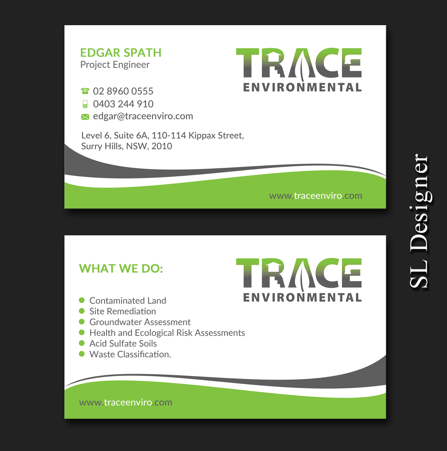 Visitenkarten-Design von SL Designer für TRACE Environmental | Design #12697614