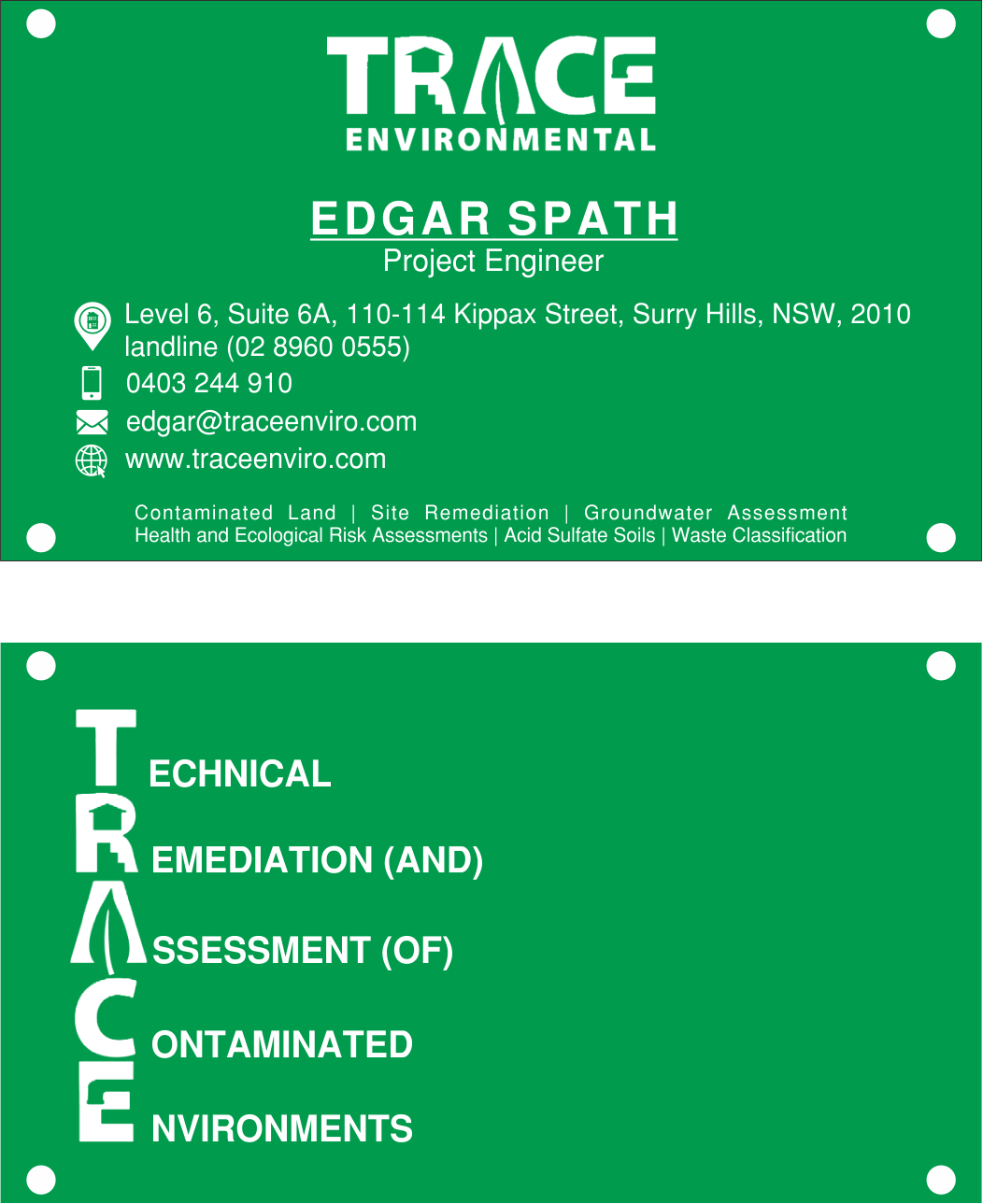Business Card Design by Rico Inaray for TRACE Environmental | Design #12699207