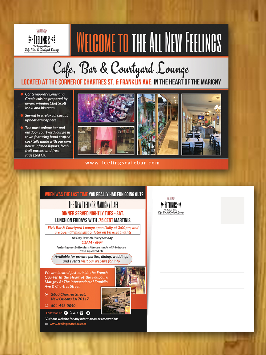 Flyer Design by innovative earth for The New Feelings Marigny Cafe, Bar & Courtyard Lounge | Design #13083456