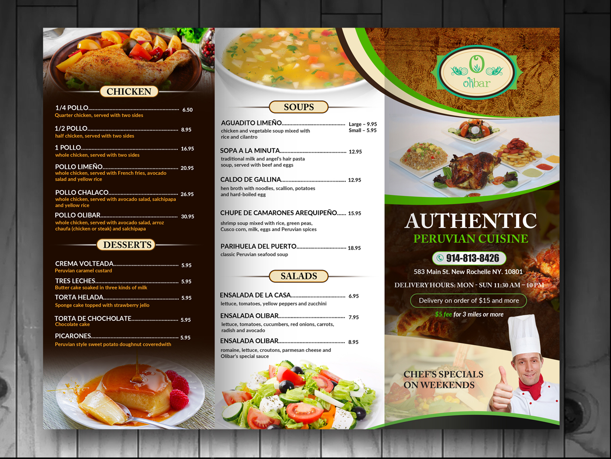 Flyer Design by innovative earth for Olibar Peruvian Cuisine | Design #13057686