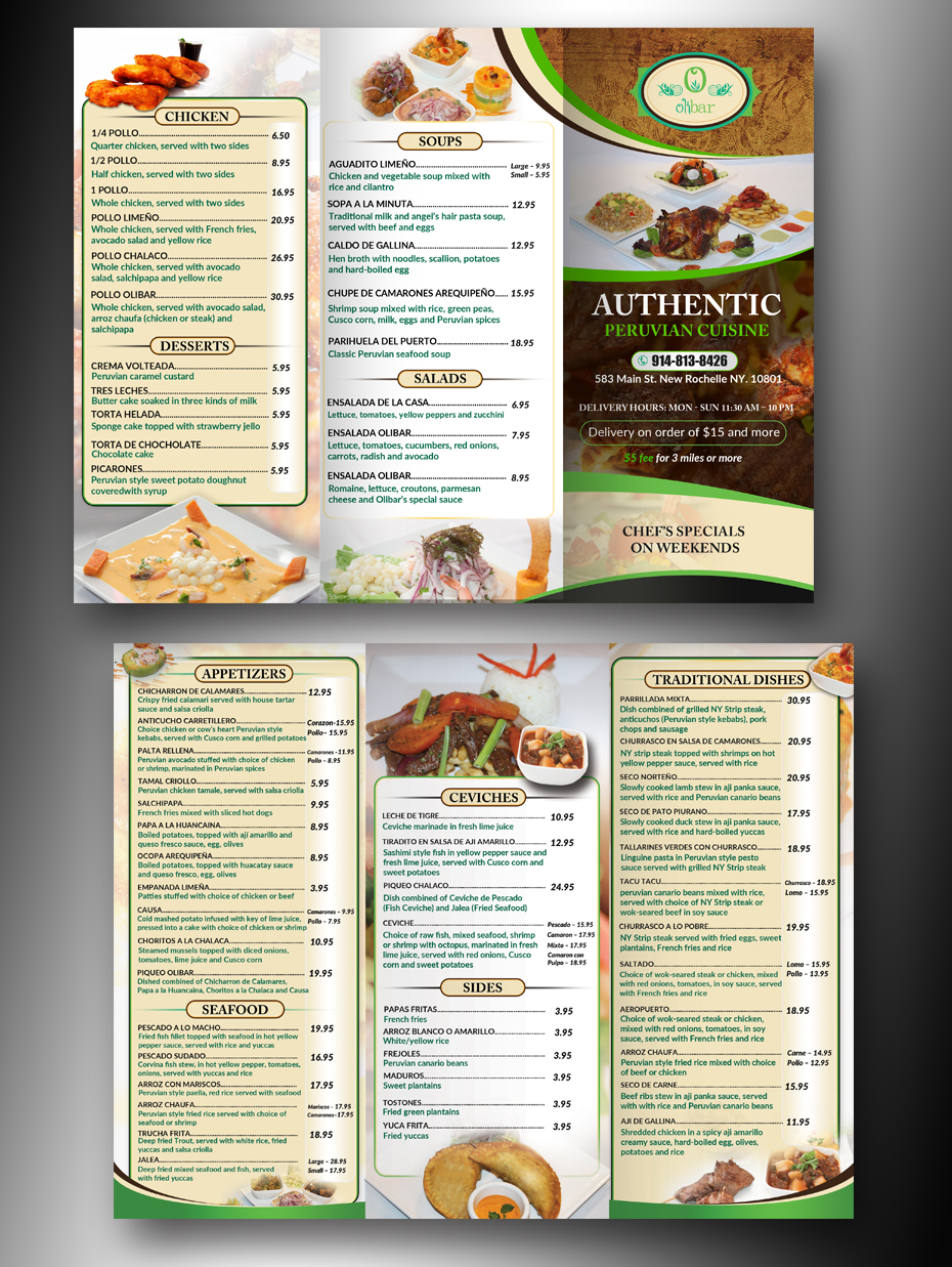 Flyer Design by innovative earth for Olibar Peruvian Cuisine | Design #13095443
