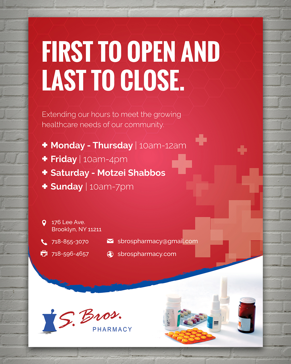 bold serious flyer design for s bros pharmacy by sun_design store hours flyer