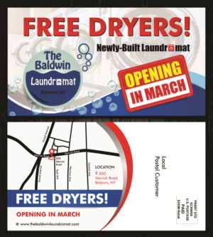 The Baldwin Laundromat - Pre-Opening Marketing Postcard | Diseño de Postal por ecorokerz